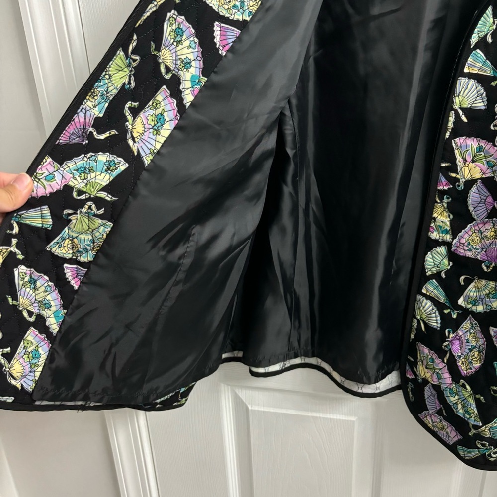 Quilted Zip Jacket Womens XL Black Fan Patterned Art to Wear Colorful Funky - Picture 5 of 9